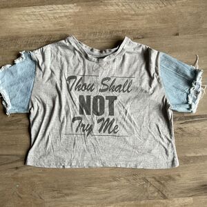 Dazl For Life XL Cropped T Shirt Gray and Denim "Thou shalt not try me"